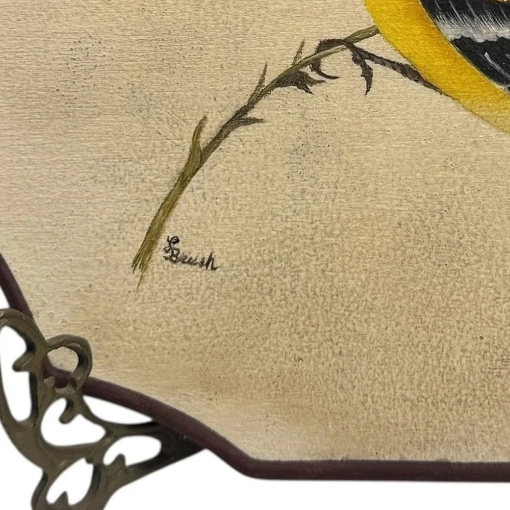 Hand Painted American Goldfinch Bird on Thistle Signed Wood Plaque Art Decor